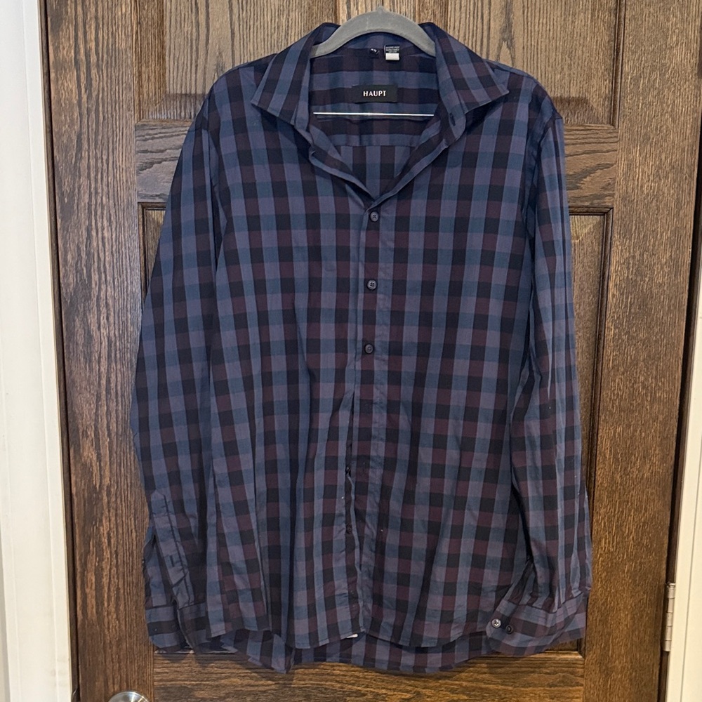 Haupt Men's Plaid Long Sleeve Button-Down Shirt - Navy and Burgundy size large